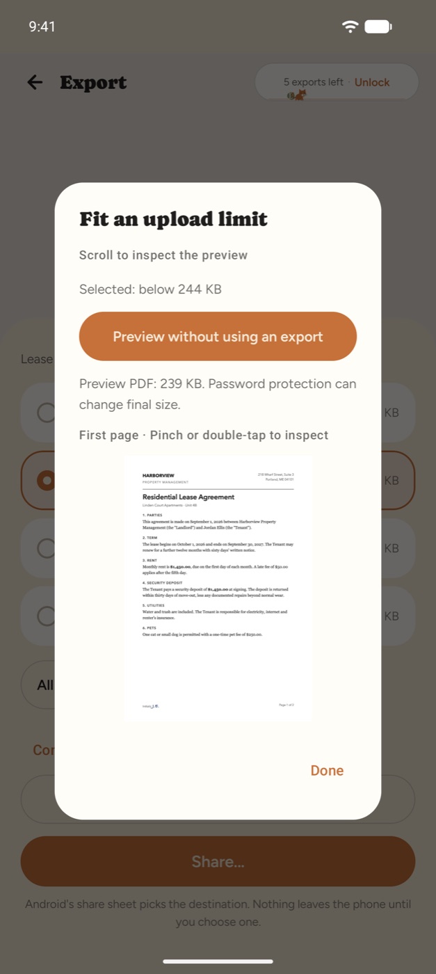 Paperleaf Fit an upload limit dialog previewing a 239 KB PDF of a lease agreement