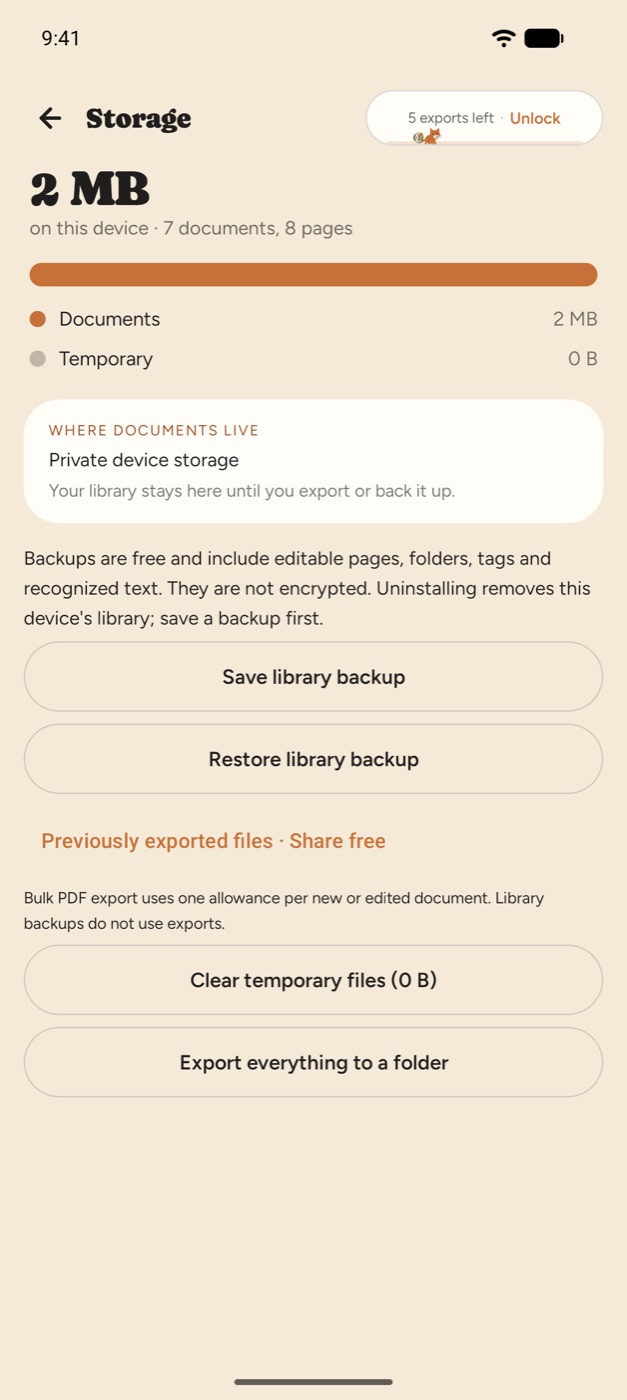 Paperleaf storage screen showing 7 documents kept in private device storage, with library backup and restore