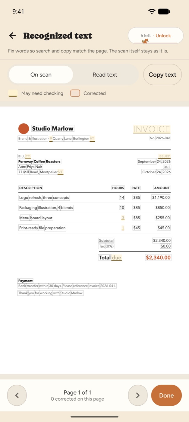 Paperleaf showing the words it recognized on a scanned invoice, each outlined on the page